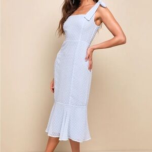 Lulu's Pale Blue Swiss Dot Midi Dress with Bow Strap